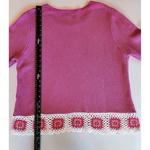 VTG 80s 90s Joseph A Granny Square Crochet Pullover Sweater Sz XL Pink Boxy Boho - Picture 7 of 9